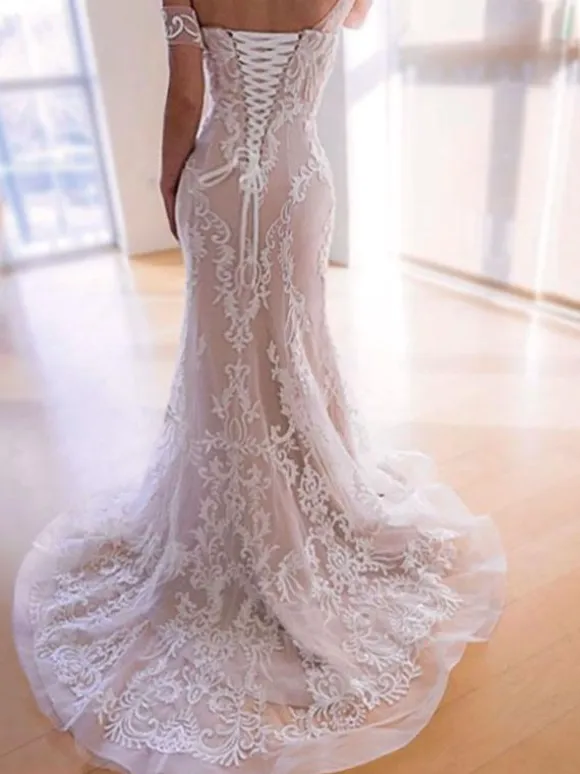Boho Wedding Dresses 2026 Mermaid Off The Shoulder Free Customized Lace Short Sleeve Floor Length Bridal Gown With Sweep Train
