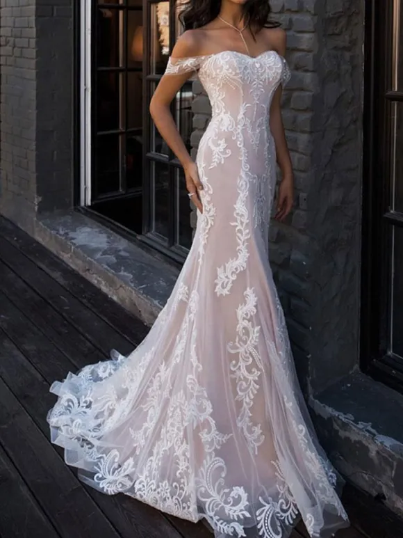Boho Wedding Dresses 2026 Mermaid Off The Shoulder Free Customized Lace Short Sleeve Floor Length Bridal Gown With Sweep Train