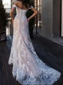 Boho Wedding Dresses 2026 Mermaid Off The Shoulder Free Customized Lace Short Sleeve Floor Length Bridal Gown With Sweep Train