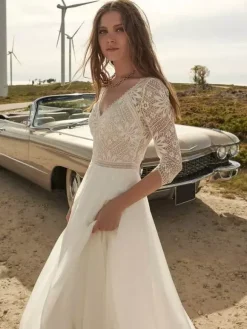 Boho Wedding Dress Lace Cut Out A-Line With Train Backless 3/4 Length Sleeves V-Neck Ivory
