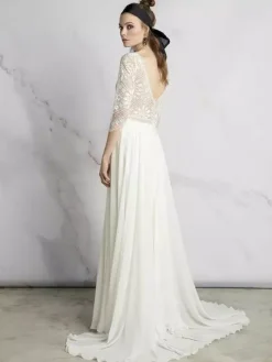 Boho Wedding Dress Lace Cut Out A-Line With Train Backless 3/4 Length Sleeves V-Neck Ivory