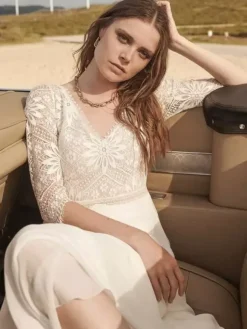 Boho Wedding Dress Lace Cut Out A-Line With Train Backless 3/4 Length Sleeves V-Neck Ivory