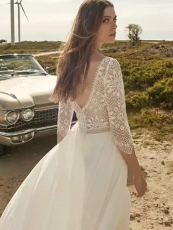 Boho Wedding Dress Lace Cut Out A-Line With Train Backless 3/4 Length Sleeves V-Neck Ivory