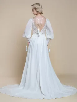 Boho Wedding Dress Lace Cut Out A-Line With Train Natural Waist Backless Long Sleeves Jewel Neck Ivory