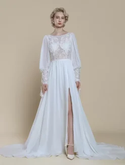 Boho Wedding Dress Lace Cut Out A-Line With Train Natural Waist Backless Long Sleeves Jewel Neck Ivory