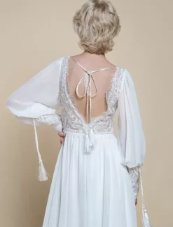 Boho Wedding Dress Lace Cut Out A-Line With Train Natural Waist Backless Long Sleeves Jewel Neck Ivory
