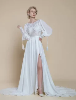 Boho Wedding Dress Lace Cut Out A-Line With Train Natural Waist Backless Long Sleeves Jewel Neck Ivory