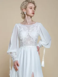Boho Wedding Dress Lace Cut Out A-Line With Train Natural Waist Backless Long Sleeves Jewel Neck Ivory