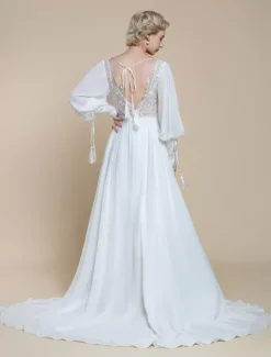Boho Wedding Dress Lace Cut Out A-Line With Train Natural Waist Backless Long Sleeves Jewel Neck Ivory