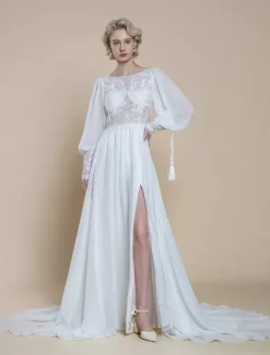 Boho Wedding Dress Lace Cut Out A-Line With Train Natural Waist Backless Long Sleeves Jewel Neck Ivory