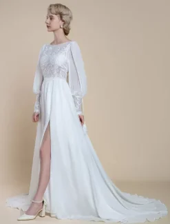 Boho Wedding Dress Lace Cut Out A-Line With Train Natural Waist Backless Long Sleeves Jewel Neck Ivory