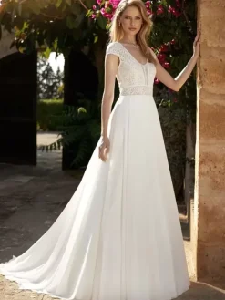 Boho Wedding Dress Lace Cut Out A-Line With Train Backless Short Sleeves V-Neck Ivory