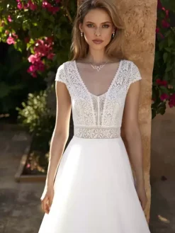 Boho Wedding Dress Lace Cut Out A-Line With Train Backless Short Sleeves V-Neck Ivory