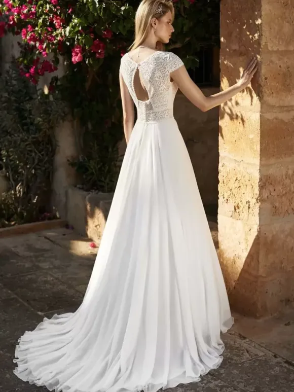Boho Wedding Dress Lace Cut Out A-Line With Train Backless Short Sleeves V-Neck Ivory