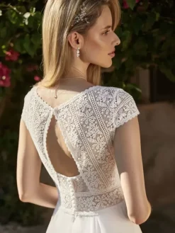 Boho Wedding Dress Lace Cut Out A-Line With Train Backless Short Sleeves V-Neck Ivory