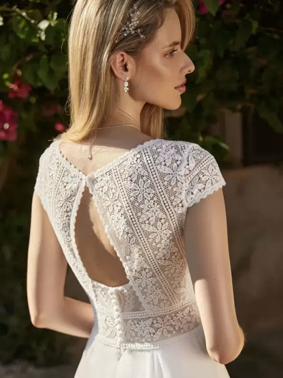 Boho Wedding Dress Lace Cut Out A-Line With Train Backless Short Sleeves V-Neck Ivory