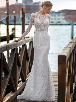 Boho Wedding Dress Lace Cut Out Mermaid With Train Natural Waist Backless Long Sleeves Jewel Neck Ivory