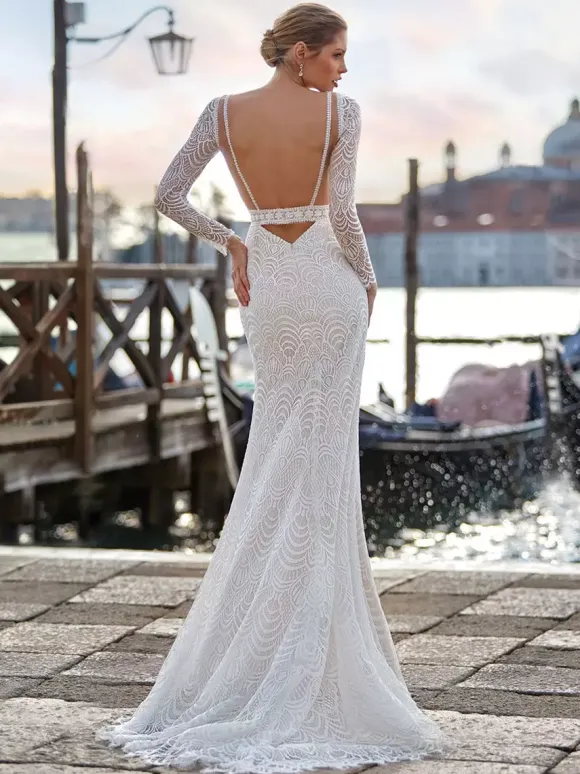 Boho Wedding Dress Lace Cut Out Mermaid With Train Natural Waist Backless Long Sleeves Jewel Neck Ivory