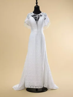 Boho Wedding Dress Lace Fringe Sheath With Train Natural Waist Zipper Sleeveless V-Neck Ivory