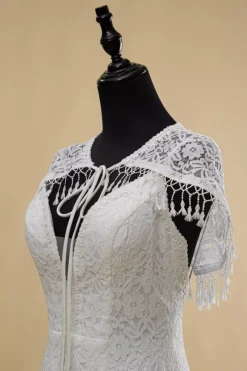 Boho Wedding Dress Lace Fringe Sheath With Train Natural Waist Zipper Sleeveless V-Neck Ivory