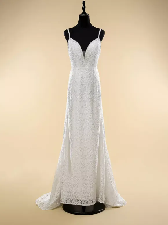 Boho Wedding Dress Lace Fringe Sheath With Train Natural Waist Zipper Sleeveless V-Neck Ivory