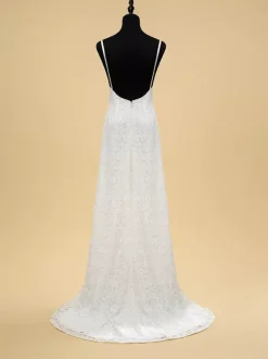 Boho Wedding Dress Lace Fringe Sheath With Train Natural Waist Zipper Sleeveless V-Neck Ivory
