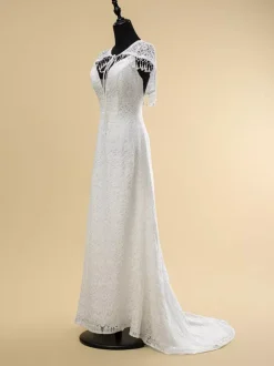 Boho Wedding Dress Lace Fringe Sheath With Train Natural Waist Zipper Sleeveless V-Neck Ivory