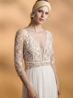 Boho Wedding Dress Lace Lace A-Line With Train Natural Waist Zipper 3/4 Length Sleeves V-Neck Ivory