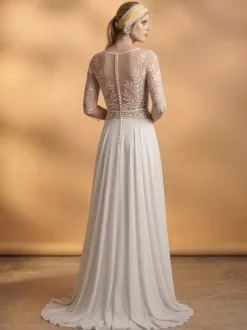 Boho Wedding Dress Lace Lace A-Line With Train Natural Waist Zipper 3/4 Length Sleeves V-Neck Ivory