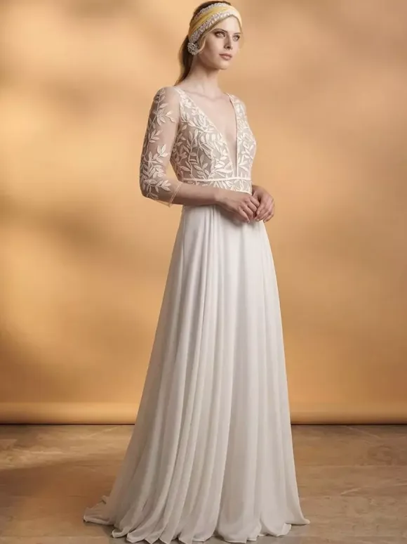 Boho Wedding Dress Lace Lace A-Line With Train Natural Waist Zipper 3/4 Length Sleeves V-Neck Ivory