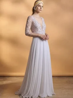 Boho Wedding Dress Lace Lace A-Line With Train Natural Waist Zipper 3/4 Length Sleeves V-Neck Ivory