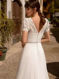 Boho Wedding Dress Lace Lace A-Line With Train Natural Waist Wedding Dress Functional Buttons Short Sleeves V-Neck Ivory