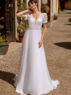 Boho Wedding Dress Lace Lace A-Line With Train Natural Waist Wedding Dress Functional Buttons Short Sleeves V-Neck Ivory
