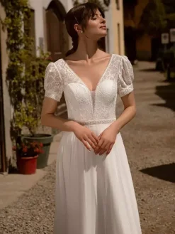 Boho Wedding Dress Lace Lace A-Line With Train Natural Waist Wedding Dress Functional Buttons Short Sleeves V-Neck Ivory