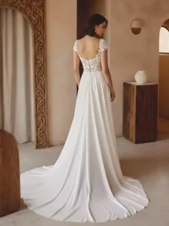 Boho Wedding Dress Lace Lace A-Line With Train Natural Waist Wedding Dress Functional Buttons Short Sleeves Square Neck White
