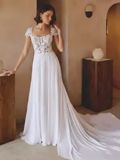 Boho Wedding Dress Lace Lace A-Line With Train Natural Waist Wedding Dress Functional Buttons Short Sleeves Square Neck White