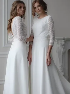 Boho Wedding Dress Lace Lace A-Line With Train Natural Waist Backless Half Sleeves Jewel Neck Ivory