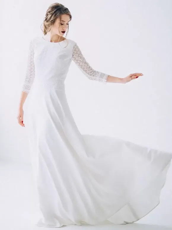 Boho Wedding Dress Lace Lace A-Line With Train Natural Waist Backless Half Sleeves Jewel Neck Ivory