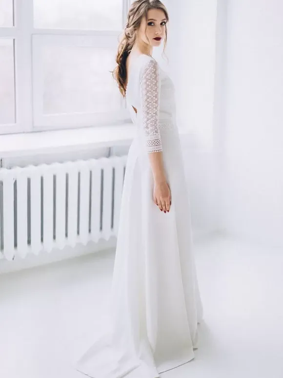 Boho Wedding Dress Lace Lace A-Line With Train Natural Waist Backless Half Sleeves Jewel Neck Ivory