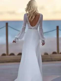 Boho Wedding Dress Lace Lace A-Line With Train Backless Long Sleeves V-Neck Ivory