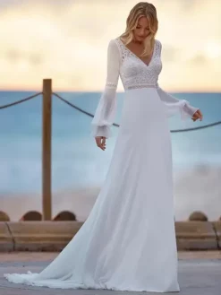 Boho Wedding Dress Lace Lace A-Line With Train Backless Long Sleeves V-Neck Ivory