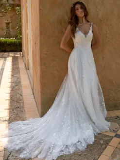 Boho Wedding Dress Lace Lace A-Line Court Train Natural Waist Backless Sleeveless V-Neck Ivory