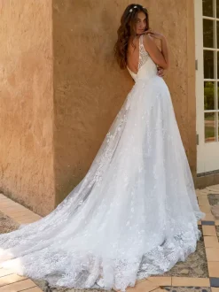 Boho Wedding Dress Lace Lace A-Line Court Train Natural Waist Backless Sleeveless V-Neck Ivory