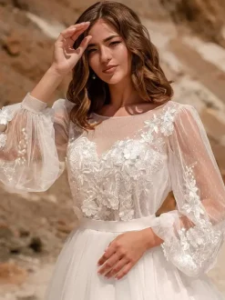 Boho Wedding Dress Lace Lace A-Line Floor-Length Natural Waist Wedding Dress Functional Buttons Long Sleeves Jewel Neck Ivory