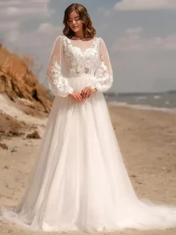 Boho Wedding Dress Lace Lace A-Line Floor-Length Natural Waist Wedding Dress Functional Buttons Long Sleeves Jewel Neck Ivory