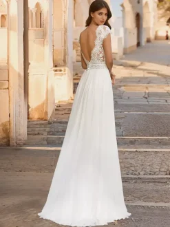 Boho Wedding Dress Lace Lace Ball Gown Floor-Length Natural Waist Backless Sleeveless V-Neck Ivory