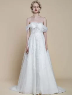 Boho Wedding Dress Lace Lace Ball Gown With Train Natural Waist Off-The-Shoulder Zipper Short Sleeves Designed Neckline Ivory