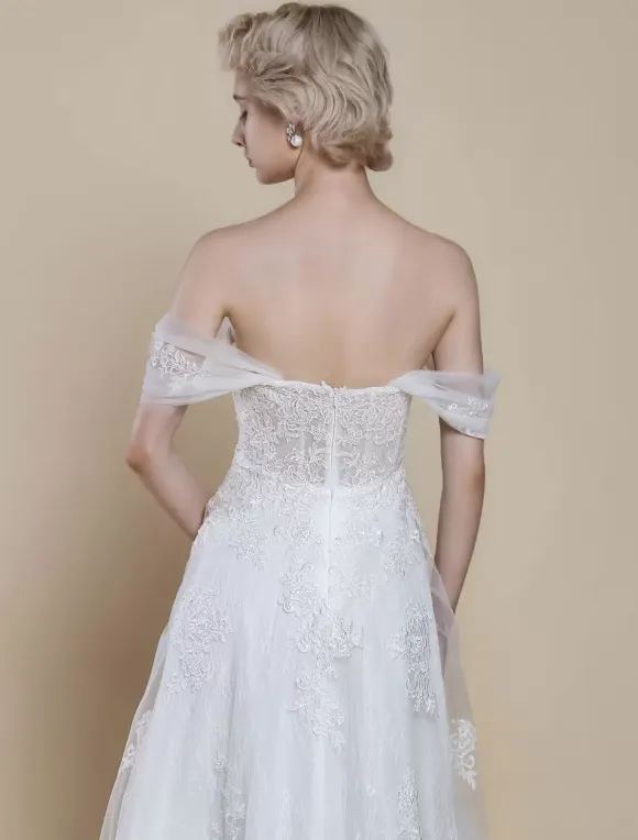 Boho Wedding Dress Lace Lace Ball Gown With Train Natural Waist Off-The-Shoulder Zipper Short Sleeves Designed Neckline Ivory