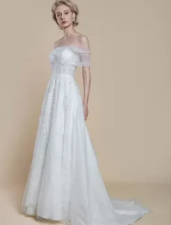 Boho Wedding Dress Lace Lace Ball Gown With Train Natural Waist Off-The-Shoulder Zipper Short Sleeves Designed Neckline Ivory