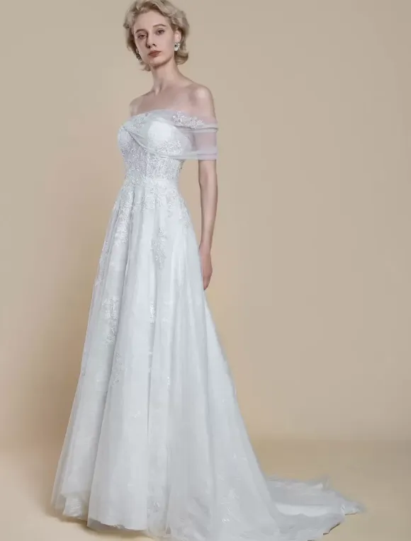 Boho Wedding Dress Lace Lace Ball Gown With Train Natural Waist Off-The-Shoulder Zipper Short Sleeves Designed Neckline Ivory
